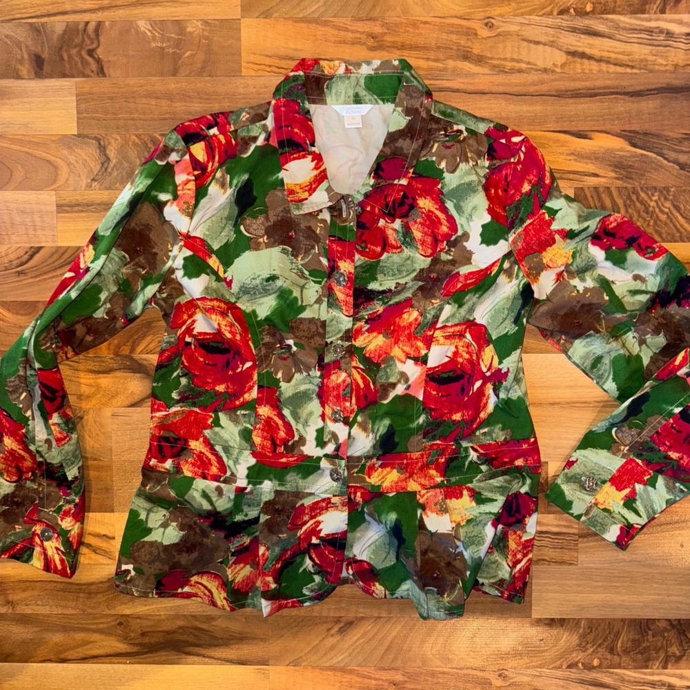 Christopher & Banks Floral Blazer Jacket Womens‎ XL Red Green Flower fall coat